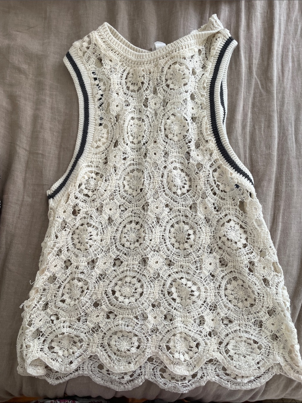 Anthropologie Cream Crochet Sleeveless Tank Top with Contrast Trim